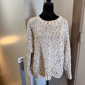 Seven7 Knit Cream White Sweater Crewneck Pompom Detail Colorful Speckle Oversize